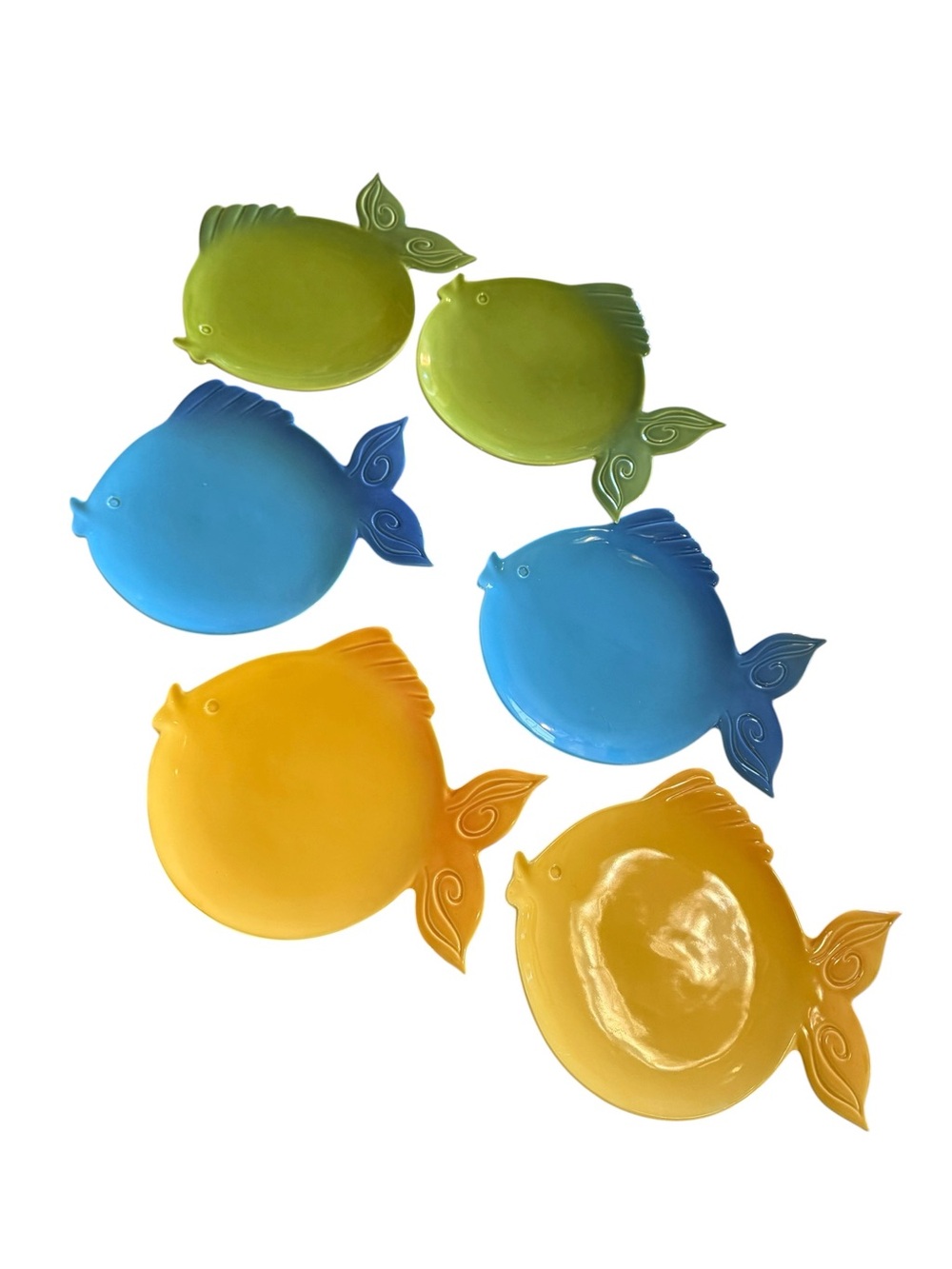 Set of 6 Ceramic Fish Plates Coastal Blue Green Yellow Beach House